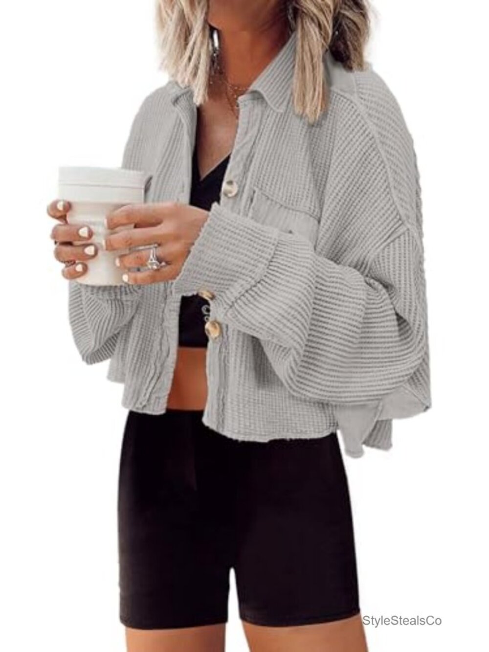 Waffle Knit Cropped Cardigan Shacket Long Sleeve Oversized Blazer Coat